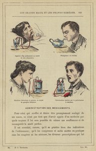 Einnahme eines Medikaments mittels Ernährungssonde, Inhalation mit Teekanne, Balsamische und gasförmige Inhalation mittels Gasogen-Inhalator, Reaktive Zerstäubung durch Reaktionszerstäuber von French School