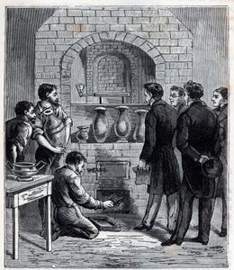 Installation des Pyrometers durch Alexandre Brongniart (1770-1847), französischer Wissenschaftler in der Manufaktur von Sèvres - Gravur in „Sciences mises à la portée de tous - Physik und Chemie“ von Alexis Clerc - Ende des 19. Jahrhunderts von French School