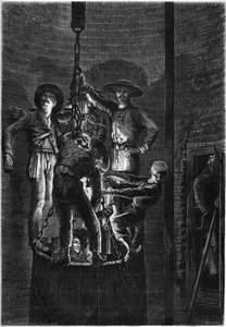 Innenansicht eines Kohlebergwerks: Aufstieg des Müllcontainers. 1861. Gravur in „Le Monde Illustré“ Nr. 238 vom 2. November von French School