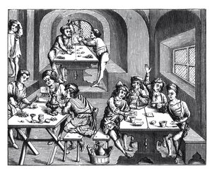 Innenansicht eines Gasthauses, nach einem Holzschnitt in einer Folioband-Ausgabe von Virgil, veröffentlicht in Lyon, 1517 von French School
