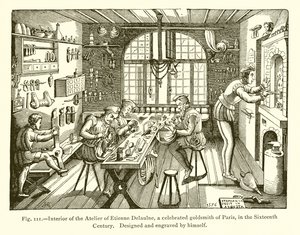 Innenansicht des Ateliers von Etienne Delaulne, einem berühmten Goldschmied von Paris im 16. Jahrhundert von French School