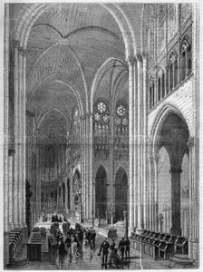 Innenraum der Basilika Saint Denis (Saint Denis) restauriert nach den Plänen von Eugene Viollet-le-Duc (Viollet le Duc) (1814-1879). Gravur in „Das Illustrierte Universum“ von French School
