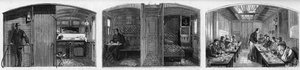 Innenansicht des medizinischen Wagens und des Speisewagens eines medizinischen Zuges der französischen Société de secours aux blessés militaires. Gravur in „Le Monde Illustré“ Nr. 846 vom 28. Juni 1873. von French School