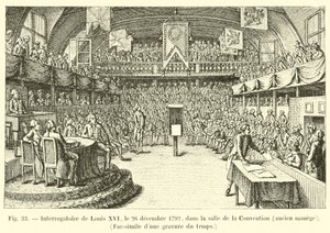 Verhör von Ludwig XVI. am 26. Dezember 1792 im Sitzungssaal der Konvention, ehemaliger Reitstall, Faksimile einer zeitgenössischen Gravur von French School