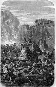 Invasion und Plünderung Roms durch Alarich I., König der Westgoten im Jahr 410. Gravur in „Histoire des Papes-Rois-Queen and Empereurs à travers les siècles“ von Maurice Lachatre von French School