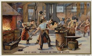 Eisen und Stahl. Inneres einer geschäftigen Schmiede von French School
