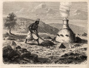 Eisenerzschmelzen in Fouta Djalon, Senegal, Zeichnung von Hadamard, zur Illustration von Leutnant Lamberts Reise nach Fouta Djalon 1860. Gravur in "Le tour du monde" 1861. Sammlung Selva.