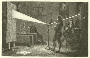 Isaac Newton zerlegt Licht (Stich) von French School