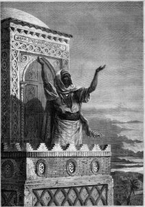 Islam: Muezzin ruft die Gläubigen zum Abendgebet vom Minarett einer Moschee in Afrika. Gravur in „Le Monde Illustré“ Nr. 297 vom 20. Dezember 1862