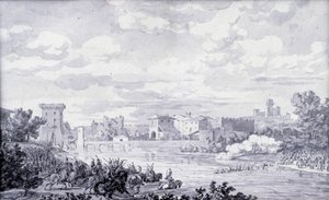 Italienische Landschaft: die französische Armee überquerte den Fluss Mincio bei Borghetto im Jahr 1796. Anonyme Zeichnung. Paris, Louvre Museum
