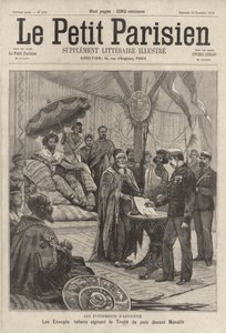 Italienische Gesandte unterzeichnen den Friedensvertrag zur Beendigung des Ersten Italienisch-Äthiopischen Krieges vor Kaiser Menelik II. von Äthiopien von French School