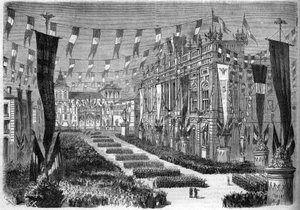 Italienische Einigung, Turin, 2. April 1860: Dekoration des Schlossplatzes (Piazza Castello) anlässlich der Eröffnung des italienischen Parlaments. Gravur in „Le Monde Illustré“ Nr. 157 vom 14. April 1860.