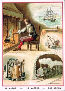 James Watt (1736-1819) und verschiedene Anwendungen von Dampf von French School