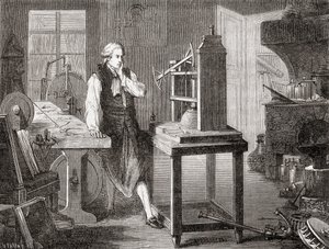 James Watt in seiner Werkstatt in Glasgow, verbessert die Newcomen-Dampfmaschine von Thomas Newcomen aus dem Jahr 1712 mit seiner Watt-Dampfmaschine im Jahr 1781, aus Les Merveilles de la Science, veröffentlicht 1870.