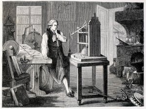 James Watt studiert die Perfektionierung von Newcomens Maschine (1767) - in „Album der Wissenschaft; berühmte Gelehrte; Große Entdeckungen“ 1896