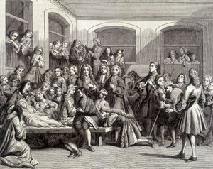Jansenismus: die Konvulsionäre des Friedhofs Saint-Médard am Grab des Diakons Parés (1690 - 1727), wo „Wunder“ geschahen. Druck des 18. Jahrhunderts von French School