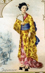 Japanische Frau. Edition der Pariser Lithographie, Ende des 19. Jahrhunderts. Serie von 25 Werbechromos für die Dijon-Herstellung von Biscuits Pernot, gegründet 1869. Detail der Figuren in traditioneller Tracht