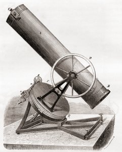 Jean Bernard Léon Foucaults Spiegelreflektorteleskop auf einer äquatorialen Montierung, nach einer Zeichnung des 19. Jahrhunderts, aus Les Merveilles de la Science, veröffentlicht um 1870 (Gravur)