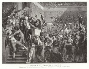 Jean Denis, comte Lanjuinais, am Rednerpult der Konvention, Französische Revolution, 2. Juni 1793 von French School