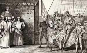 Johanna von Orleans (1412-31) kommt 1429 in Reims an, um der Krönung von Karl VII. (1403-61) beizuwohnen, aus 