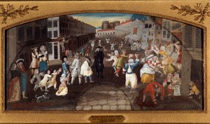 Scherze aus den Straßen von Paris: Die Rue Saint-Antoine. Passanten, Erwachsene und Kinder, die sich unterhalten und kämpfen. Im Hintergrund sieht man das Gefängnis Bastille. Gemälde
