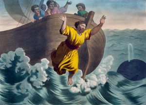 Jona wird ins Meer geworfen, Illustration aus einem Katechismus L