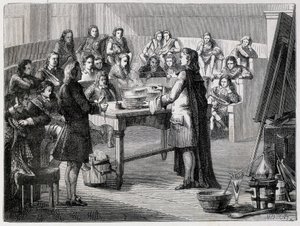 Joseph Black (1728 - 1799), britischer Chemiker und Physiker, experimentiert mit dem latenten Kalorikum vor den Studenten der Universität Glasgow