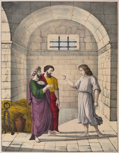 Joseph im Gefängnis erklärt die Träume des Oberbäckers und des Obermundschenks, Illustration aus einem Katechismus L