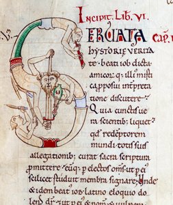 Gaukler und Musiker - Initiale S. Miniatur aus dem Manuskript "Moralia in Job", Morales sur Job von Saint Gregoire, aus der Abtei Citeaux von French School