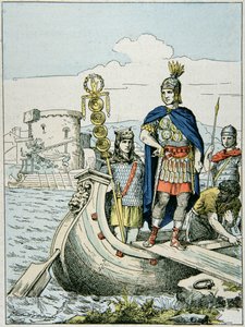 Julius Caesar zieht aus, um Piraten zu bestrafen, die ihn gegen Lösegeld festhielten (Farblithografie)