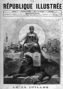14. Juli: Allegorie der Französischen Republik. Eine Frau, gekrönt mit Lorbeeren und ein Schwert haltend. Zu ihren Füßen ein Löwe, eine Palme und die Tafel der Gesetze. Darüber das Motto der Republik „Liberté, Égalité, Fraternité“. An den Seiten intellektu von French School