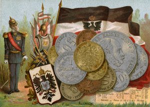 Kaiser Wilhelm I. neben der Flagge des Königreichs Preußen und einer Ausstellung von deutschen Deutschmarks, ca. 1890 von French School