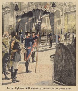 König Alfons XIII. von Spanien vor dem Sarg seiner Großmutter, Königin Isabella II.