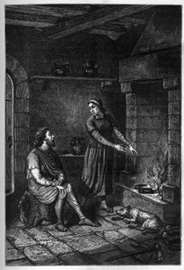 König Alfred der Große (849-899) vergisst die von der dänischen Hausfrau unter ihrem Dach in Athelney zubereiteten Kuchen und verbrennt sie, 878 (Gravur) von French School