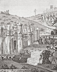 König Karl VII. verlässt Rouen und macht sich auf, die Stadt Harfleur zu belagern, nach einer Miniatur aus dem Manuskript Chroniques de Monstrelet aus dem 15. Jahrhundert, aus Wissenschaft und Literatur im Mittelalter von Paul Lacroix, London 1878