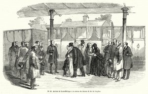 König Louis-Philippe von Frankreich kommt am Bahnhof Croydon an, nachdem er ins Exil gezwungen wurde, Februar 1848 (Stich) von French School