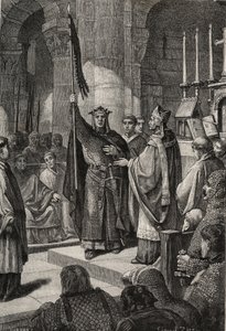 König Ludwig VII. (1120-1180) nimmt das Oriflamme in der Basilika von Saint Denis in Anwesenheit von Königin Alienor von Aquitanien und erhält die Hummel und den Pannetiere des Pilgers aus den Händen von Papst Eugen III. (? -1153) vor seiner Abreise...