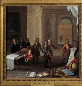 König Ludwig XV. (1710-1774) als Kind, der eine Lektion in Anwesenheit von Kardinal Fleury und Regent Philipp II. Herzog von Orléans (1674-1723) erhält (Detail) von French School