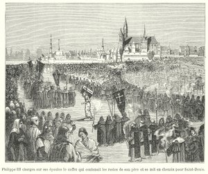 König Philipp III. von Frankreich trägt die Gebeine seines Vaters, Ludwig IX., zu seiner Beerdigung in die Basilika von St. Denis, Paris von French School