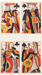 König und Königin spielen Karten (farbiger Holzstich)
