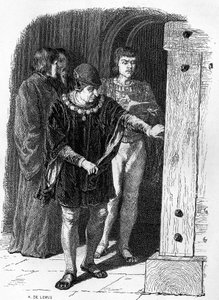 König von Frankreich Ludwig XI. besucht die Käfige der Bastille. Gravur in „Notre Dame de Paris“ von Victor Hugo