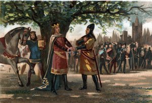 König von Frankreich Philipp August (1165-1223) traf König Richard Löwenherz in Saint Denis während der Eroberung des Oriflamme. Chromolithographie um 1890. von French School
