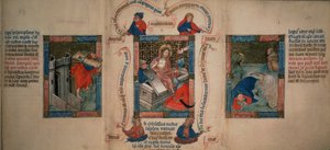 Die Auferstehung, Samson bricht die Tore von Gaza, Jona entkommt dem Wal, aus der Biblia Pauperum, frühes 15. Jahrhundert