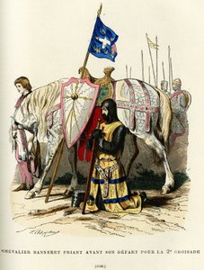 Bannerträger (Adelstitel, der das Recht verleiht, ein Banner zu tragen), betet vor seiner Abreise zum zweiten Kreuzzug (1147-1149). Farbstich, in „Frankreich und die Franzosen durch die Jahrhunderte“ von Augustin Challamel, F. Roy Herausgeber, Paris 1882.