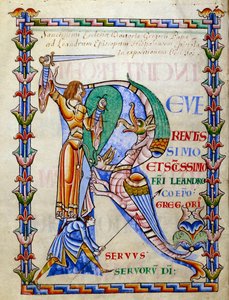 Ritter kämpft gegen den Drachen - Initiale R. Miniatur aus dem Manuskript "Moralia in Job", Morales sur Job von Saint Gregoire, aus der Abtei Citeaux