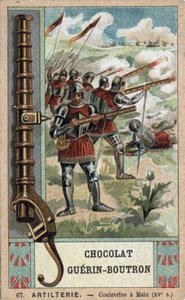 Ritter, der eine Handkulevrine aus dem 15. Jahrhundert manövriert. Chromolithographie des 19. Jahrhunderts von Guérin-Boutron Schokoladen von French School