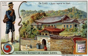 Korea: Kaiserpalast in Seoul und Soldatenkostüm - Chromolithografie Liébig, ca. 1900