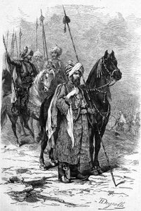 Kurdische Soldaten im Jahr 1877 während des Ostkrieges (1875-1878) auch genannt der Türkisch-Russische Krieg. Gravur in „Le Monde Illustré“ Nr. 1055 vom 30. Juni