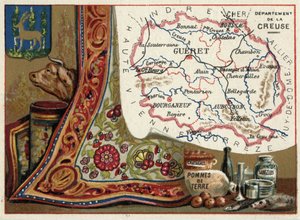 La Creuse, Le Limousin, Frankreich. Kastanien, Kartoffeln und Blutegel. Serie über die französischen Departements. Chromolithographie, ca. 1920. Privatsammlung. von French School