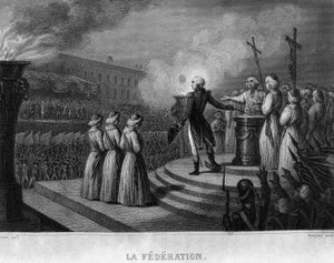 La Fédération (14. Juli 1790), Jahrestag der Erstürmung der Bastille: Eid auf die Verfassung - in „Revolution française“ von Thiers. 19. Jahrhundert von French School